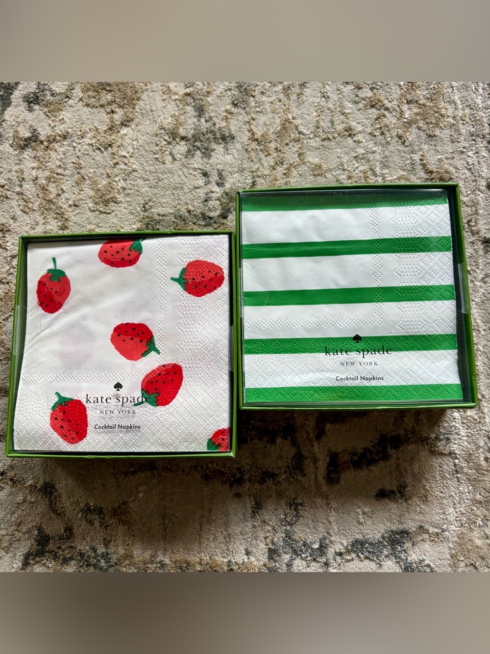 Kate Spade 100 Cocktail Napkins NEW Green Breton stripes & strawberries